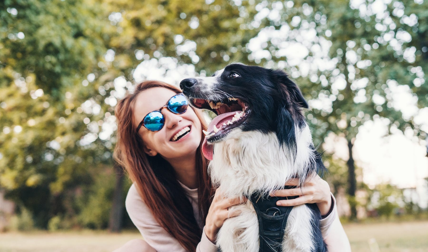 lifestyle image of a woman laughing with a dog outdoors