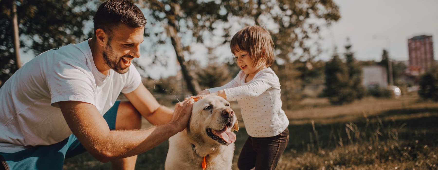 lifestyle image of a man and a child playing with a dog outside